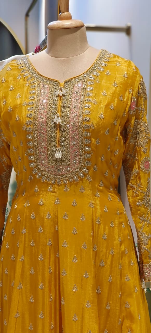 Zarbaft Regal Royal Zari Embroidered Pearl Tasseled Anarkali Full Suit Set With Heavily Worked Dupatta & Loose Bottom- 12450