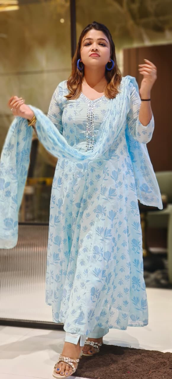 Mirror Neck Line Leafy Elegance Printed Panel Anarkali Full Suit Set With Dupatta In Mul-Cotton Fabric- 12813 (DISPACHING AFTER 10 DAYS)