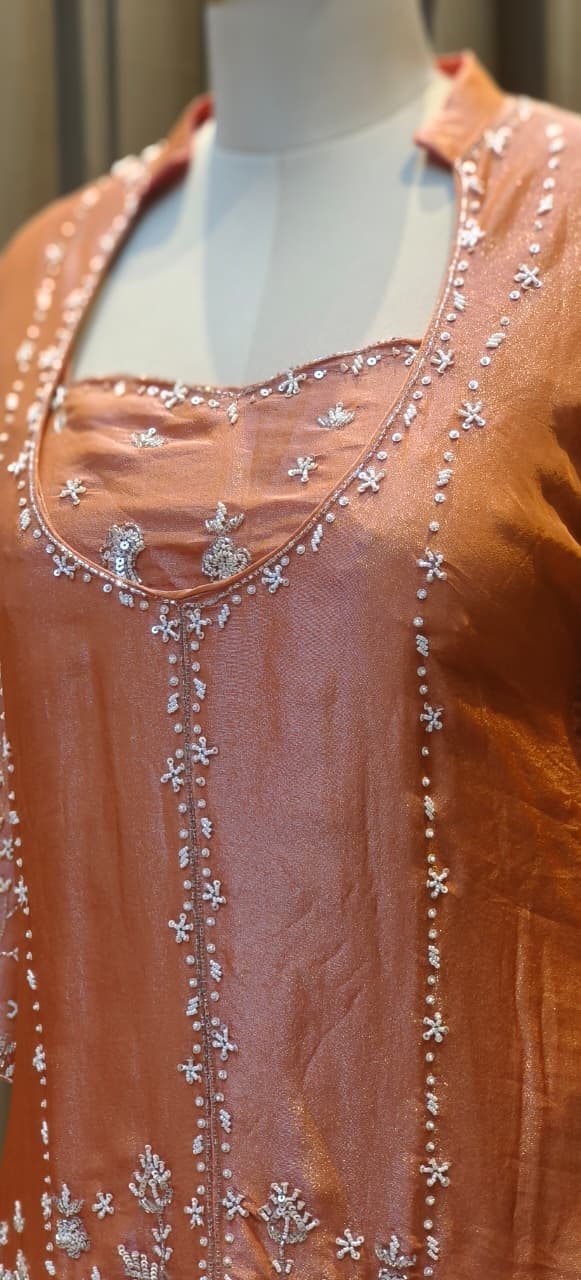 Elegant Tissue Pearl With Sequin Work Indo Western Buster With Loose Bottom & Rounded Neck Kurta- 12729