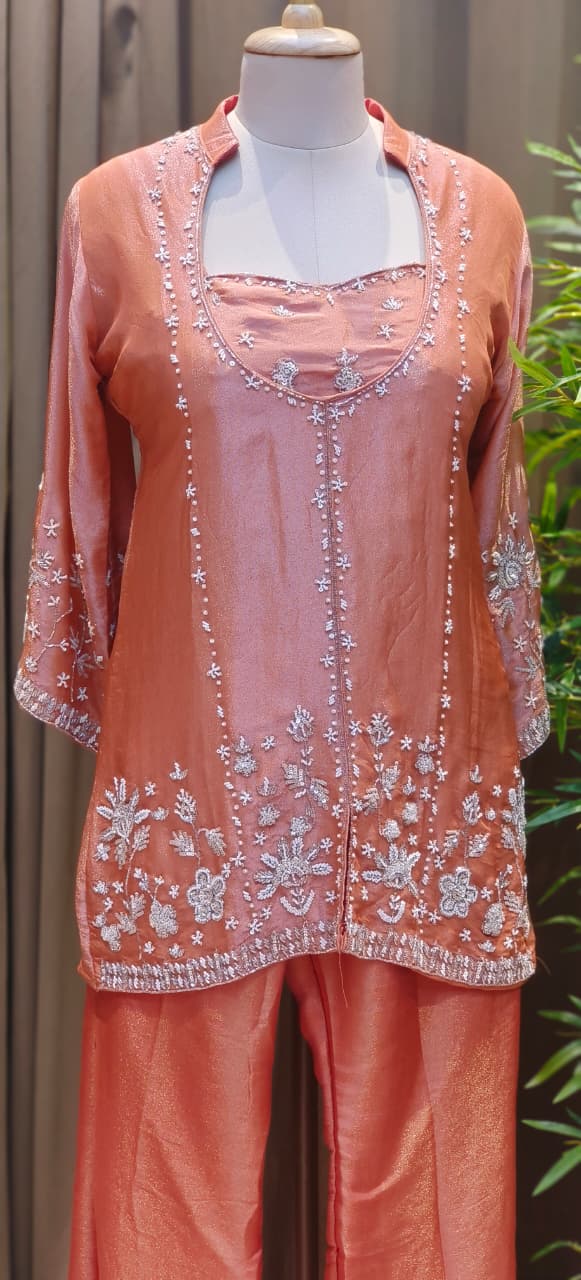 Elegant Tissue Pearl With Sequin Work Indo Western Buster With Loose Bottom & Rounded Neck Kurta- 12729