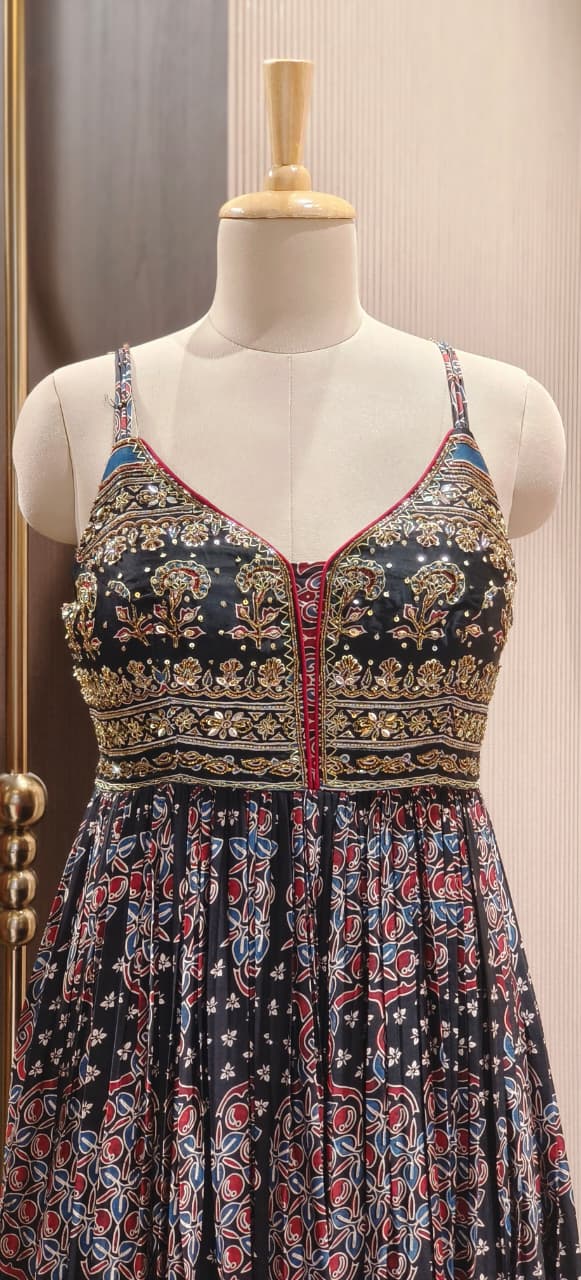 Beautiful Neckline Ajrak Print Tiny Foil Upwork Flared Sleeveless Gown With Detachable Jacket & Scarf- 12760