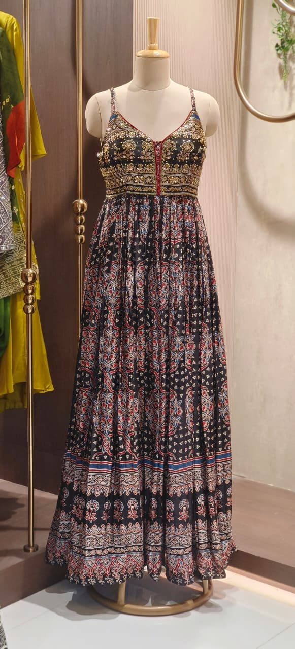 Beautiful Neckline Ajrak Print Tiny Foil Upwork Flared Sleeveless Gown With Detachable Jacket & Scarf- 12760