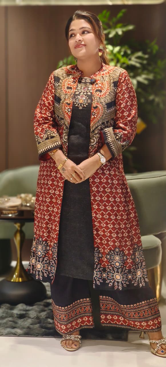 Traditional Ajrakh-Inspired Printed Long Shrug With Contrast Black Inner With Loose Palazzo Set In Russian Silk Fabric-12800,12801