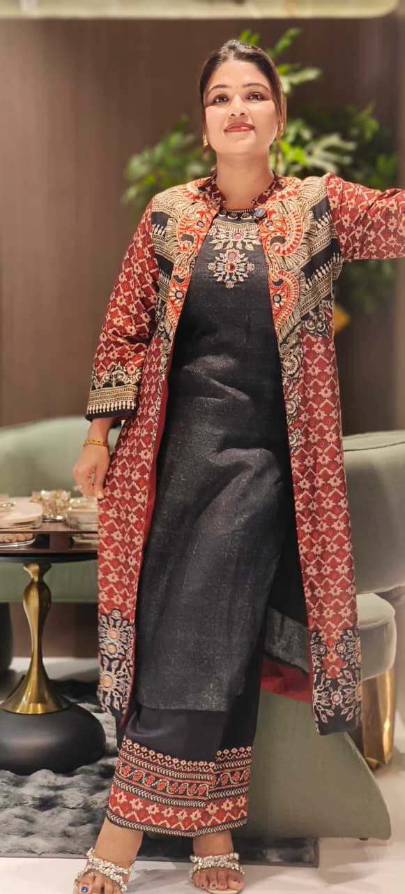 Traditional Ajrakh-Inspired Printed Long Shrug With Contrast Black Inner With Loose Palazzo Set In Russian Silk Fabric-12800,12801