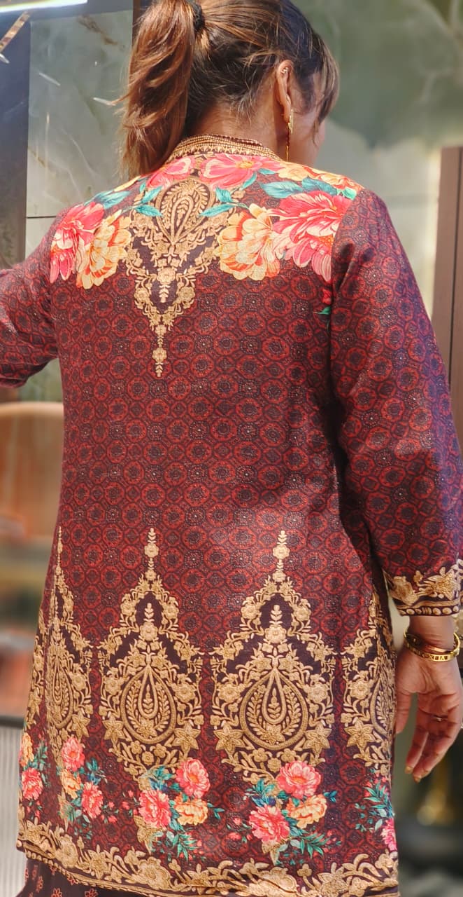 Traditional Ajrakh-Inspired Printed Long Shrug With Contrast Black Inner With Loose Palazzo Set In Russian Silk Fabric-12800,12801