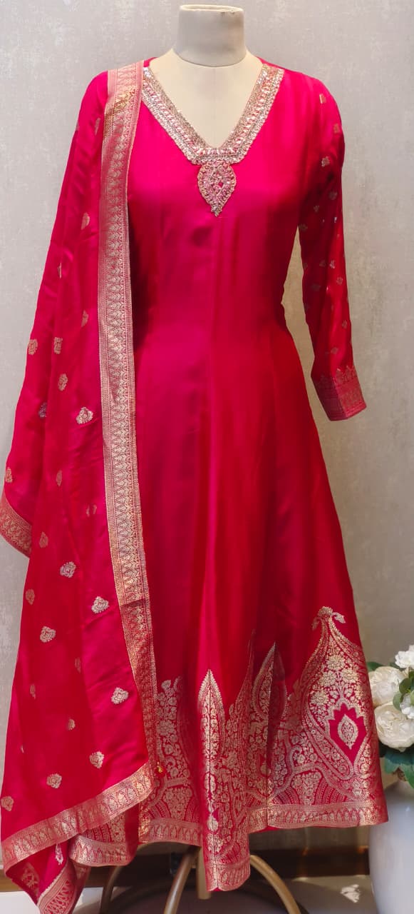 V-Neck Line Minimal Hand Work Banarasi Touch Panel Vibrant Anarkali Full Suit Set With Dupatta In Dola Silk Fabric- 12830, 12831, 12832