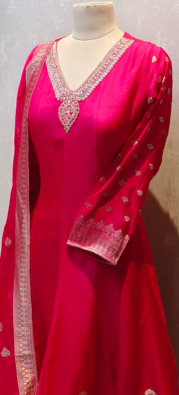 V-Neck Line Minimal Hand Work Banarasi Touch Panel Vibrant Anarkali Full Suit Set With Dupatta In Dola Silk Fabric- 12830, 12831, 12832