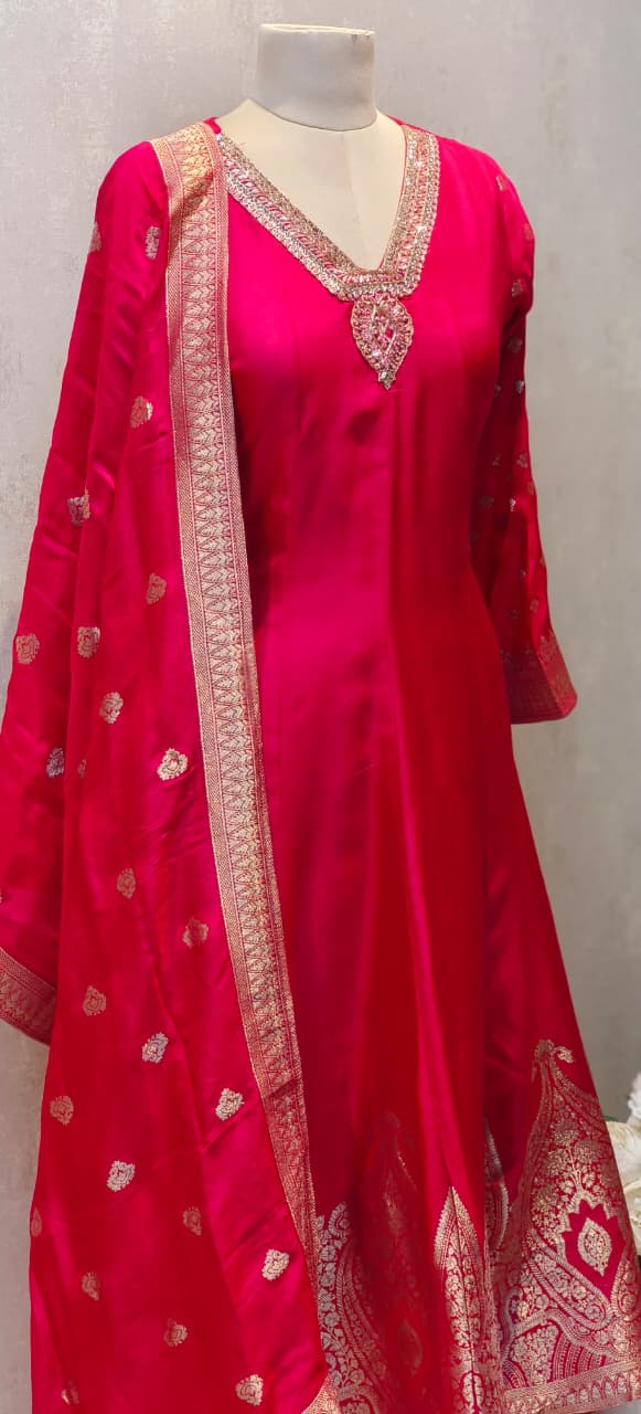 V-Neck Line Minimal Hand Work Banarasi Touch Panel Vibrant Anarkali Full Suit Set With Dupatta In Dola Silk Fabric- 12830, 12831, 12832