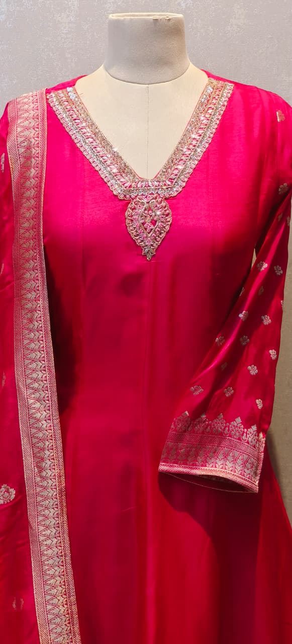 V-Neck Line Minimal Hand Work Banarasi Touch Panel Vibrant Anarkali Full Suit Set With Dupatta In Dola Silk Fabric- 12830, 12831, 12832