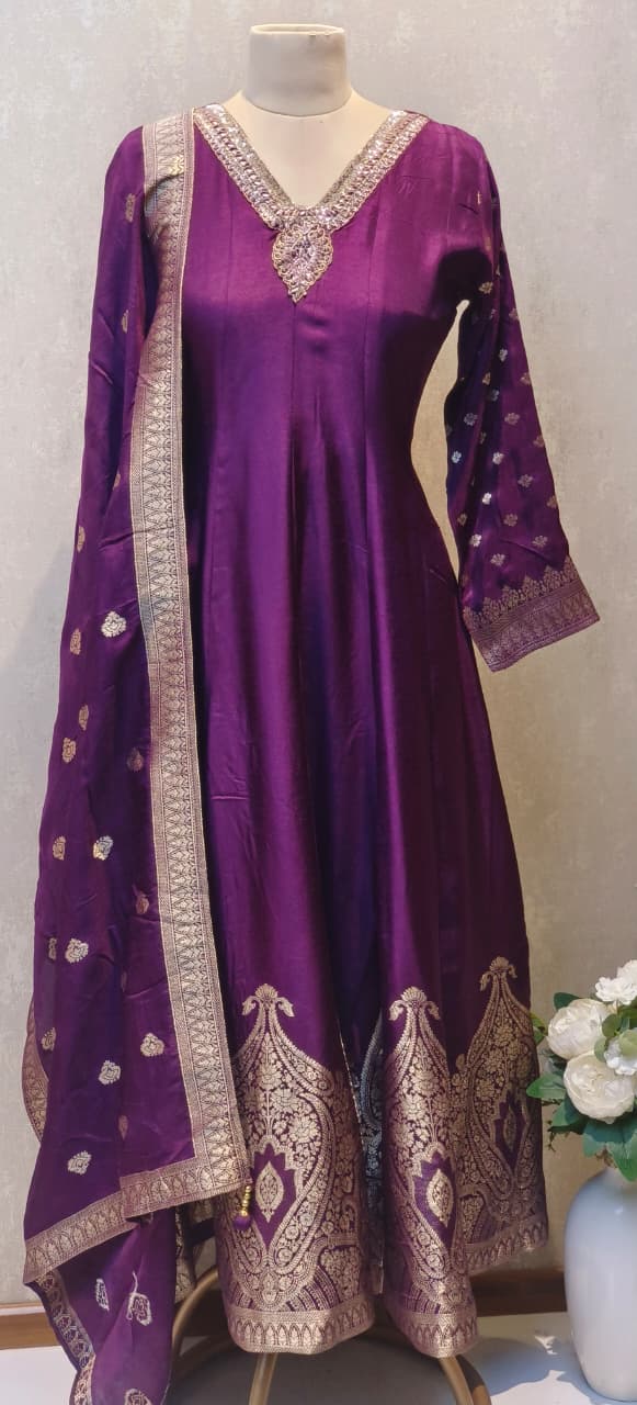 V-Neck Line Minimal Hand Work Banarasi Touch Panel Vibrant Anarkali Full Suit Set With Dupatta In Dola Silk Fabric- 12830, 12831, 12832