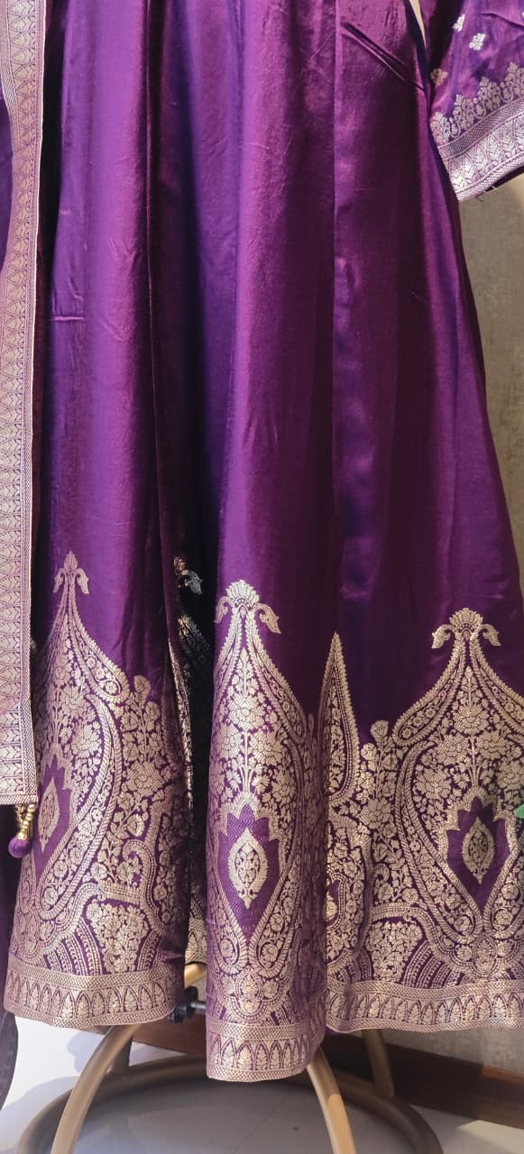 V-Neck Line Minimal Hand Work Banarasi Touch Panel Vibrant Anarkali Full Suit Set With Dupatta In Dola Silk Fabric- 12830, 12831, 12832