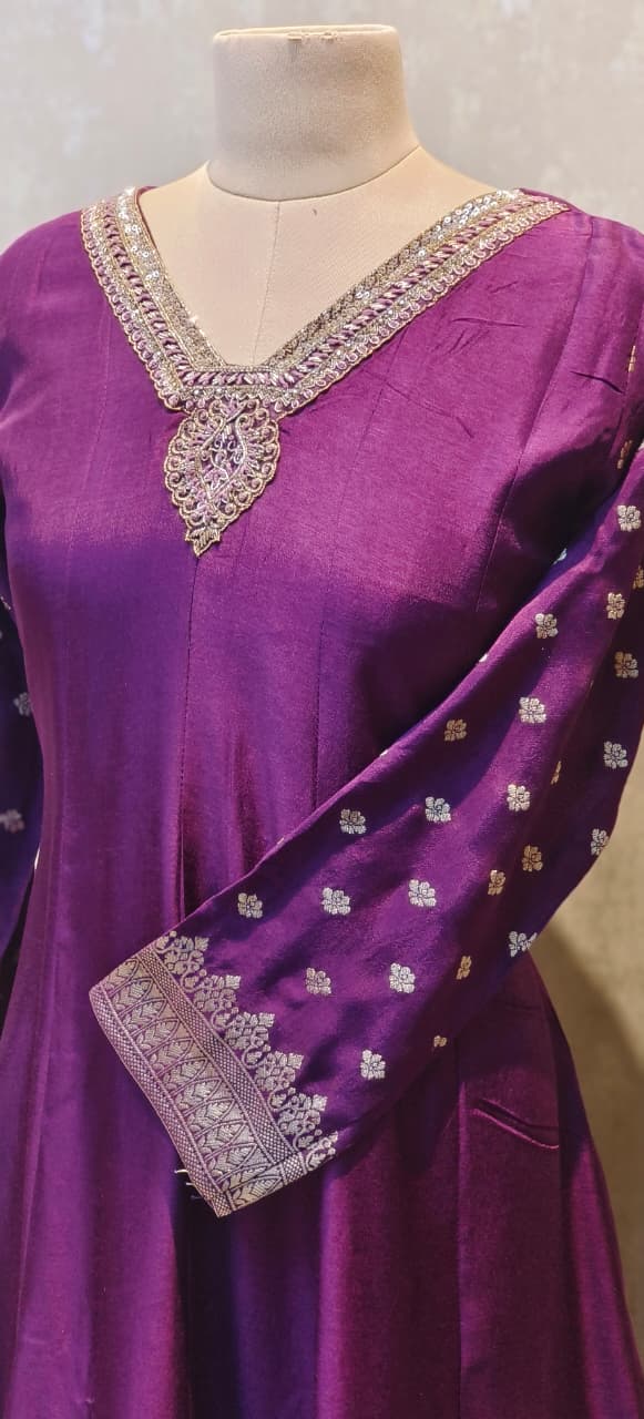 V-Neck Line Minimal Hand Work Banarasi Touch Panel Vibrant Anarkali Full Suit Set With Dupatta In Dola Silk Fabric- 12830, 12831, 12832