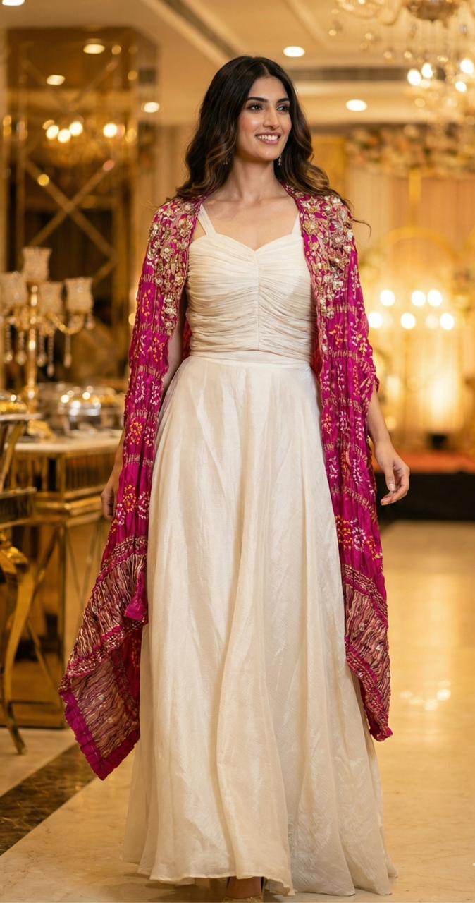 Bandhej Glance Handworked Cape With Plated Crop Top & Plain Skirt- 12685