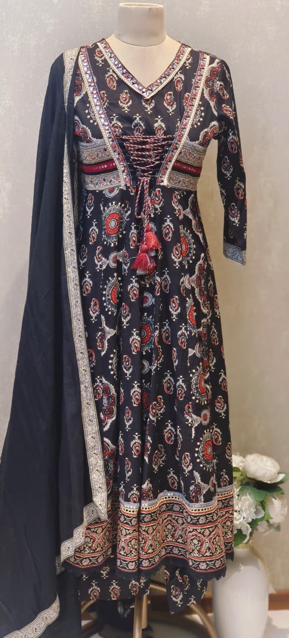 Pure Rajasthani Style Knotted Tassel Outer Look Flared Printed Anarkali Full Suit Set With Dupatta In Cotton Fabric- 12861, 12860
