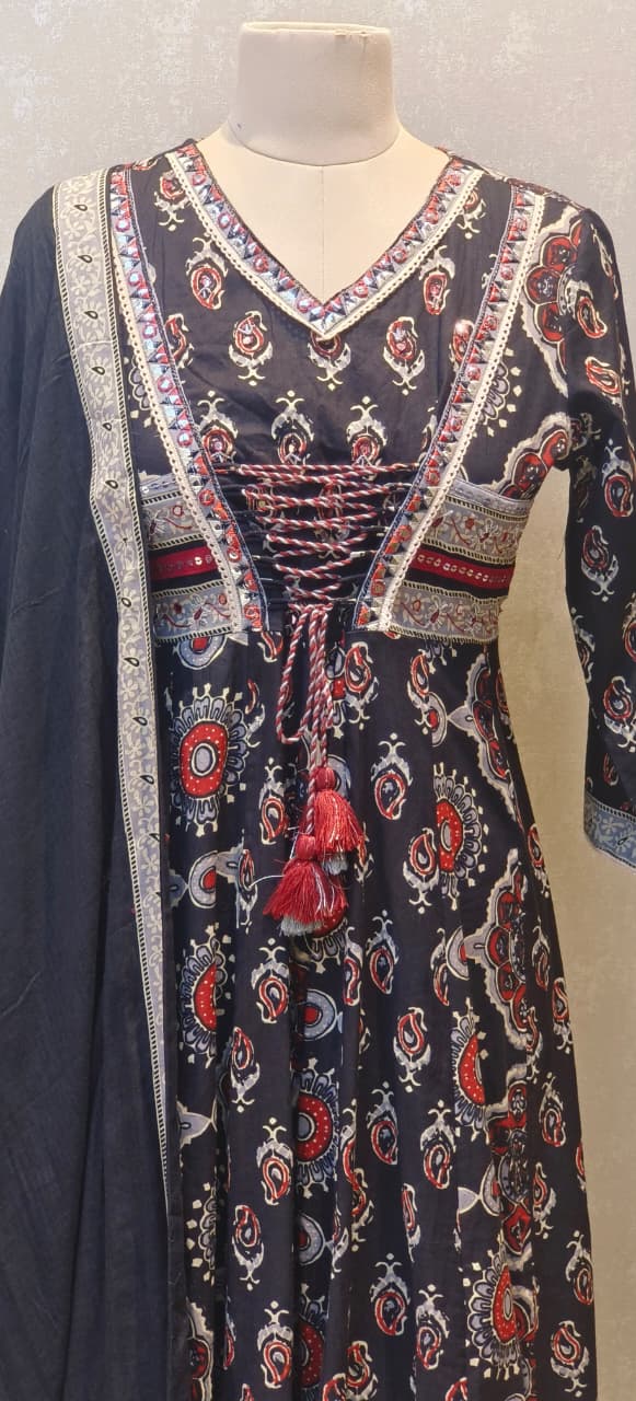 Pure Rajasthani Style Knotted Tassel Outer Look Flared Printed Anarkali Full Suit Set With Dupatta In Cotton Fabric- 12861, 12860