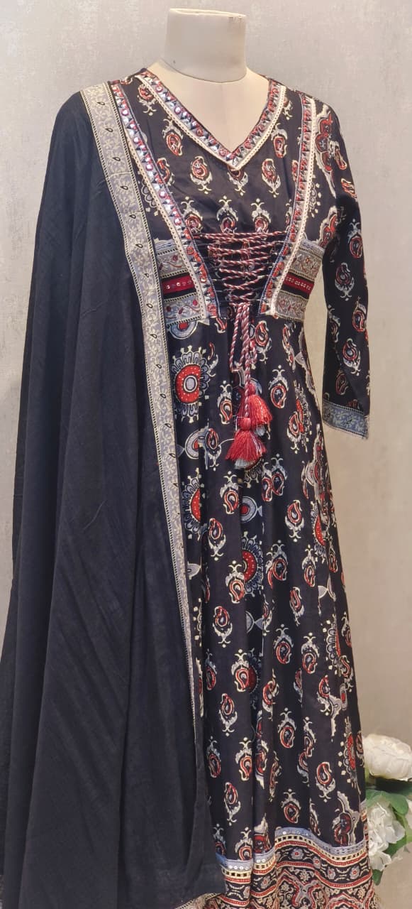 Pure Rajasthani Style Knotted Tassel Outer Look Flared Printed Anarkali Full Suit Set With Dupatta In Cotton Fabric- 12861, 12860