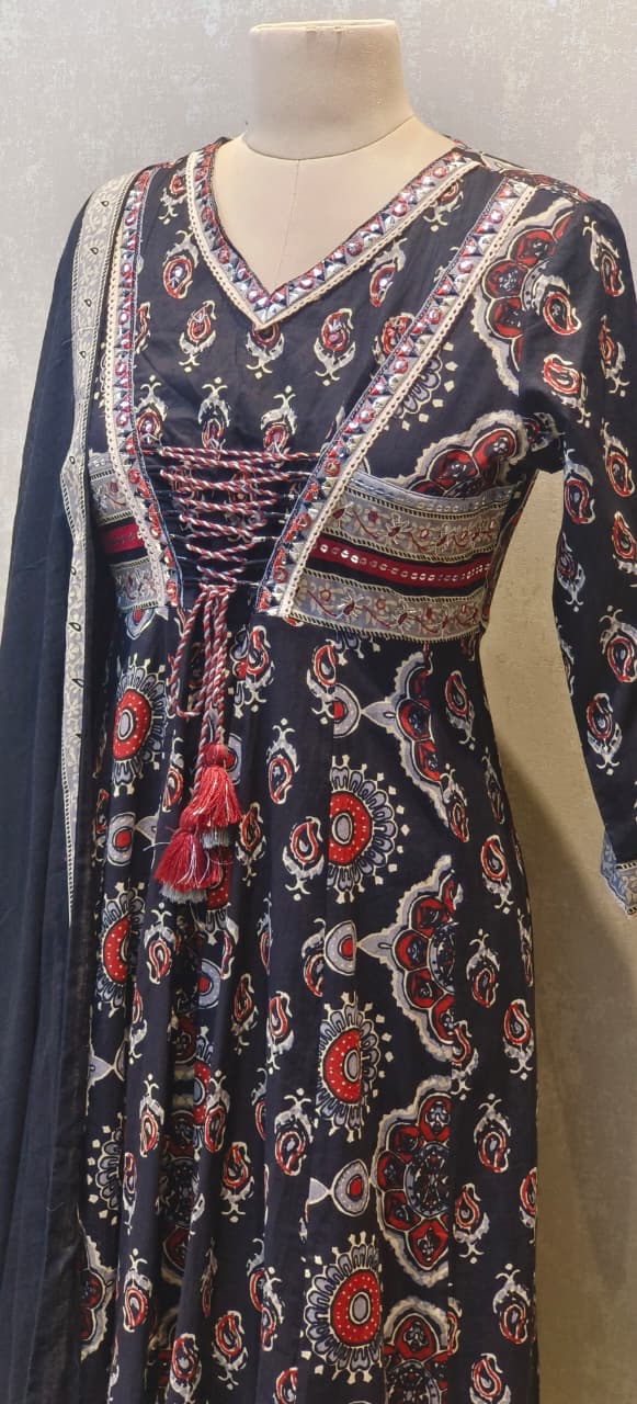 Pure Rajasthani Style Knotted Tassel Outer Look Flared Printed Anarkali Full Suit Set With Dupatta In Cotton Fabric- 12861, 12860