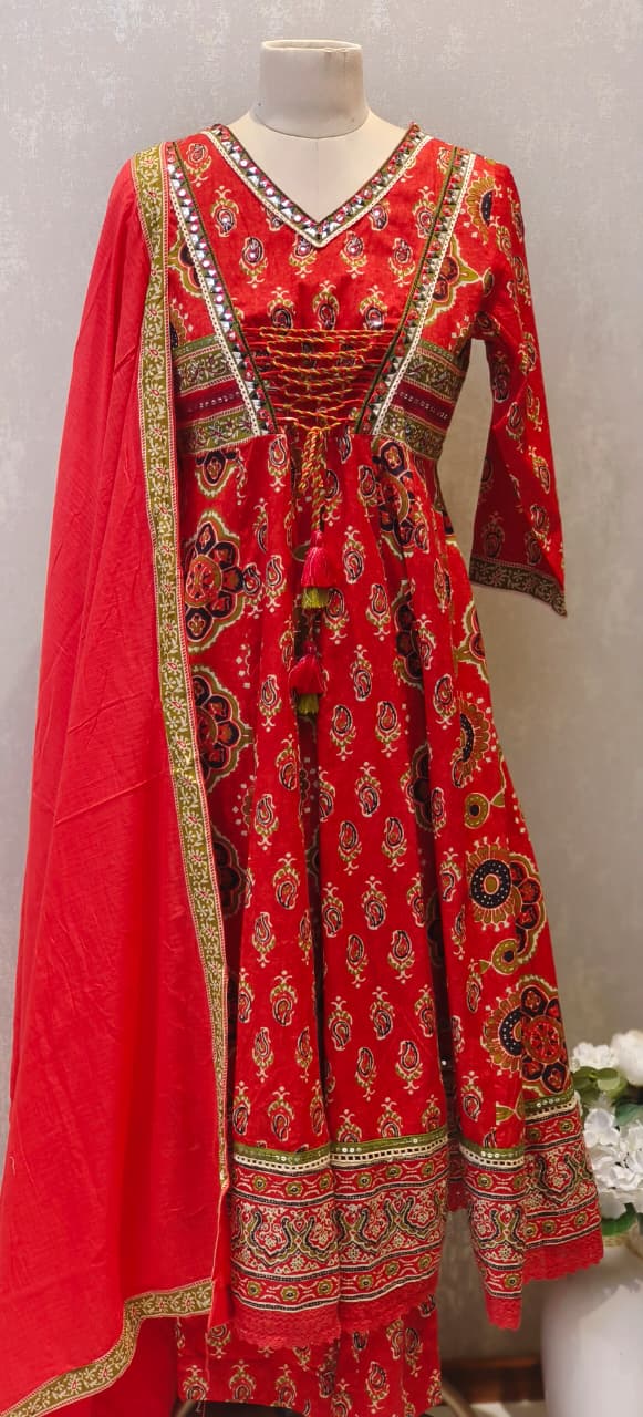 Pure Rajasthani Style Knotted Tassel Outer Look Flared Printed Anarkali Full Suit Set With Dupatta In Cotton Fabric- 12861, 12860