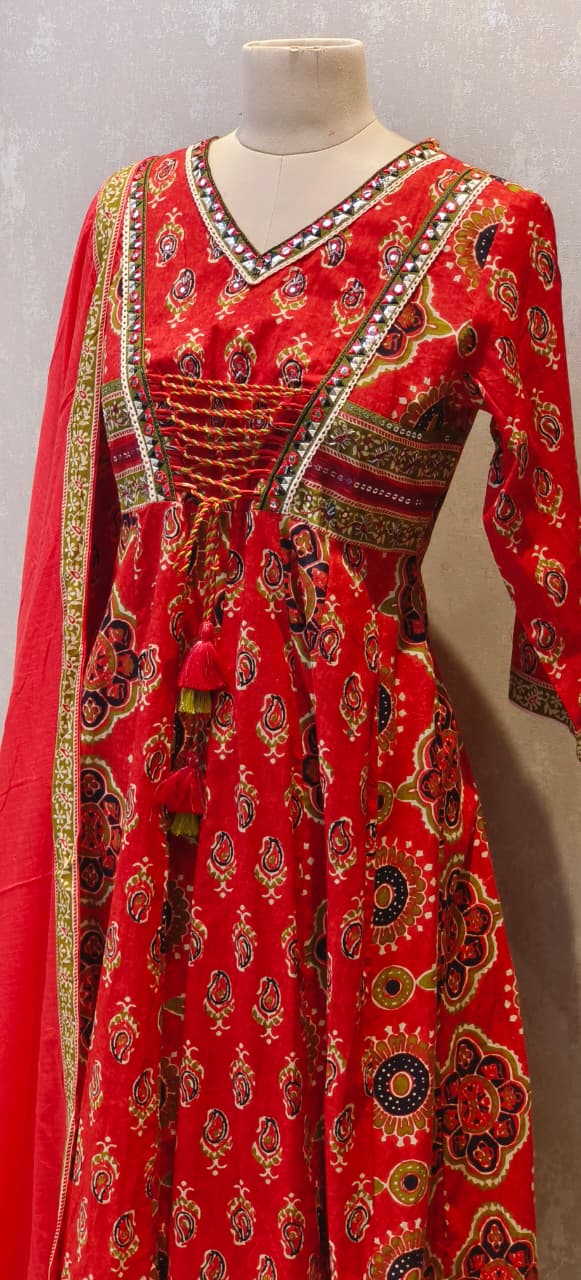 Pure Rajasthani Style Knotted Tassel Outer Look Flared Printed Anarkali Full Suit Set With Dupatta In Cotton Fabric- 12861, 12860