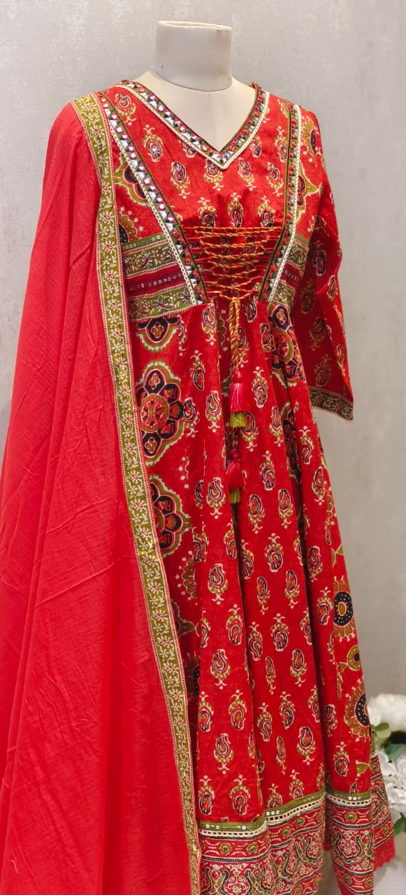 Pure Rajasthani Style Knotted Tassel Outer Look Flared Printed Anarkali Full Suit Set With Dupatta In Cotton Fabric- 12861, 12860