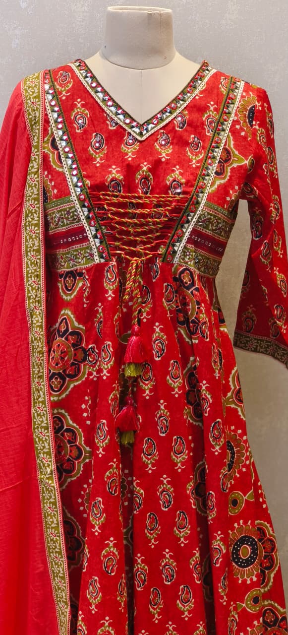 Pure Rajasthani Style Knotted Tassel Outer Look Flared Printed Anarkali Full Suit Set With Dupatta In Cotton Fabric- 12861, 12860