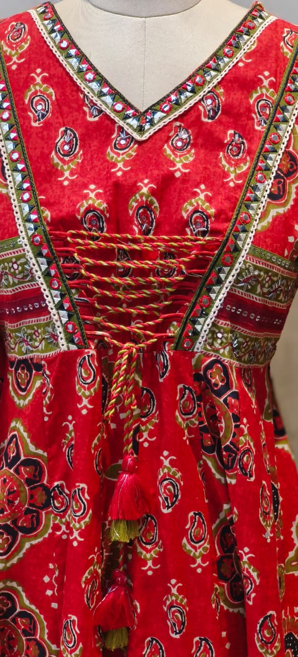 Pure Rajasthani Style Knotted Tassel Outer Look Flared Printed Anarkali Full Suit Set With Dupatta In Cotton Fabric- 12861, 12860