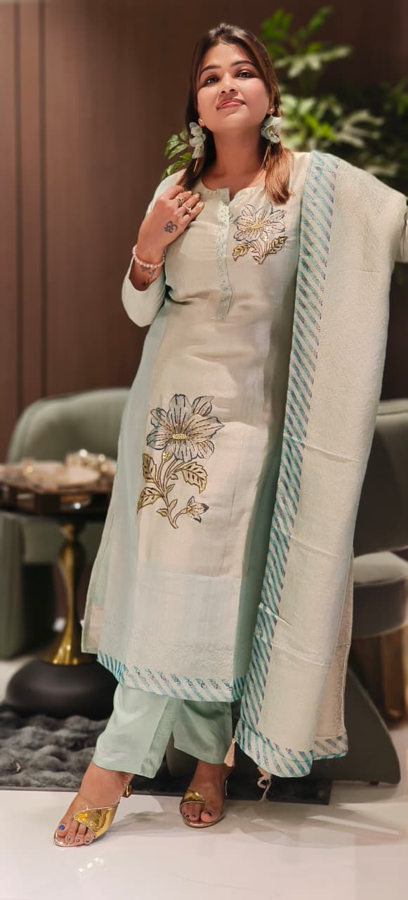 Soft Tone Digital Printed Floral Striped Bottom Full Suit Set With Dupatta In Tissue Jaamdani Fabric