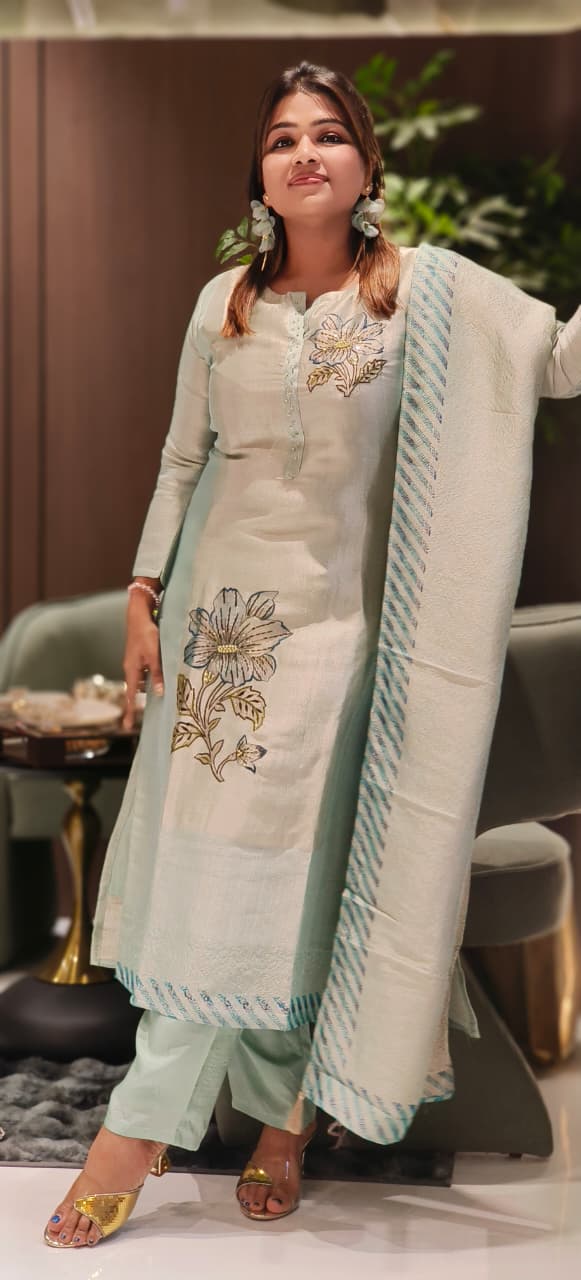 Soft Tone Digital Printed Floral Striped Bottom Full Suit Set With Dupatta In Tissue Jaamdani Fabric