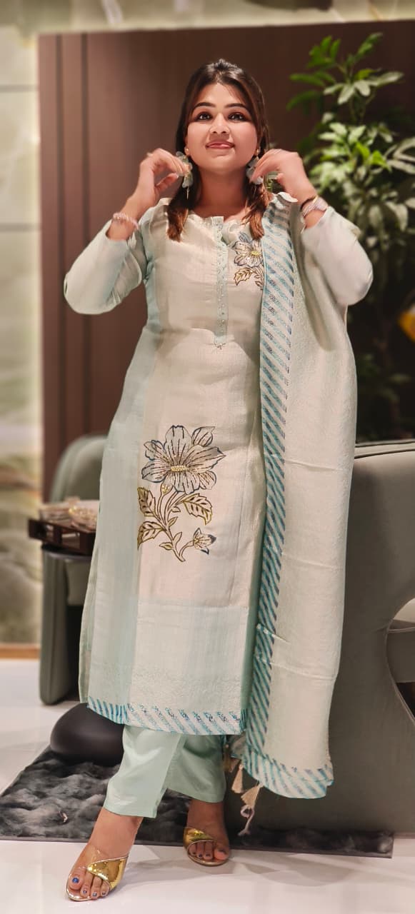 Soft Tone Digital Printed Floral Striped Bottom Full Suit Set With Dupatta In Tissue Jaamdani Fabric
