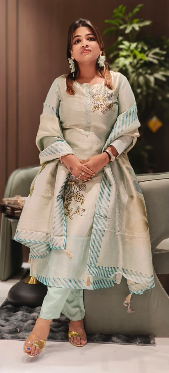 Soft Tone Digital Printed Floral Striped Bottom Full Suit Set With Dupatta In Tissue Jaamdani Fabric