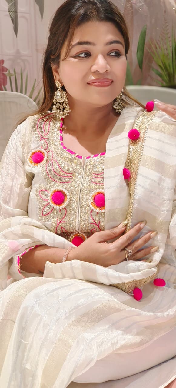 Gotta Work Very Beautiful Front Yoke Golden Striped Full Suit Set With Pom-Pom Dupatta In Tissue Fabric-12873