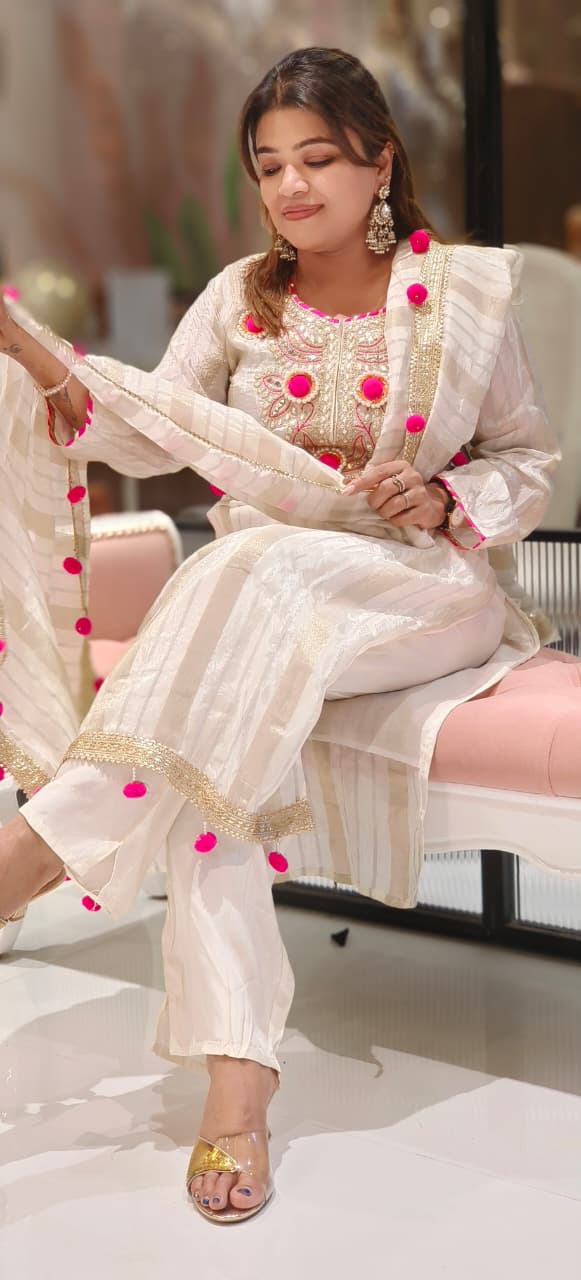 Gotta Work Very Beautiful Front Yoke Golden Striped Full Suit Set With Pom-Pom Dupatta In Tissue Fabric-12873