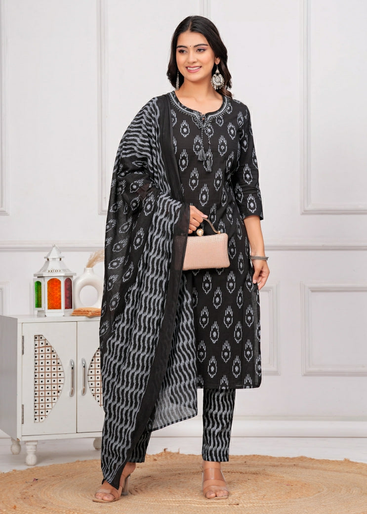 Breathable Cotton Ikat Print Straight Kurta Set with Matching Bottoms & Dupatta