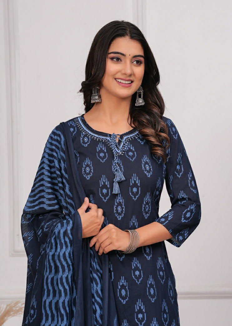 Breathable Cotton Ikat Print Straight Kurta Set with Matching Bottoms & Dupatta
