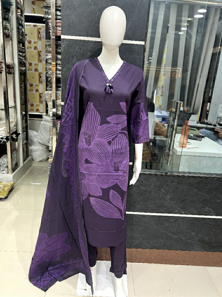 Premium Purple Cotton Suit Set with Bold Floral Print Kurta, Matching Pant & Printed Dupatta