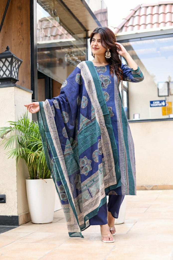 Elegant Pure Cotton Navy Kurta Pant Dupatta Set Featuring Traditional Prints & Soft Comfortable Fabric