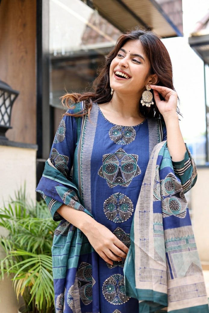 Elegant Pure Cotton Navy Kurta Pant Dupatta Set Featuring Traditional Prints & Soft Comfortable Fabric
