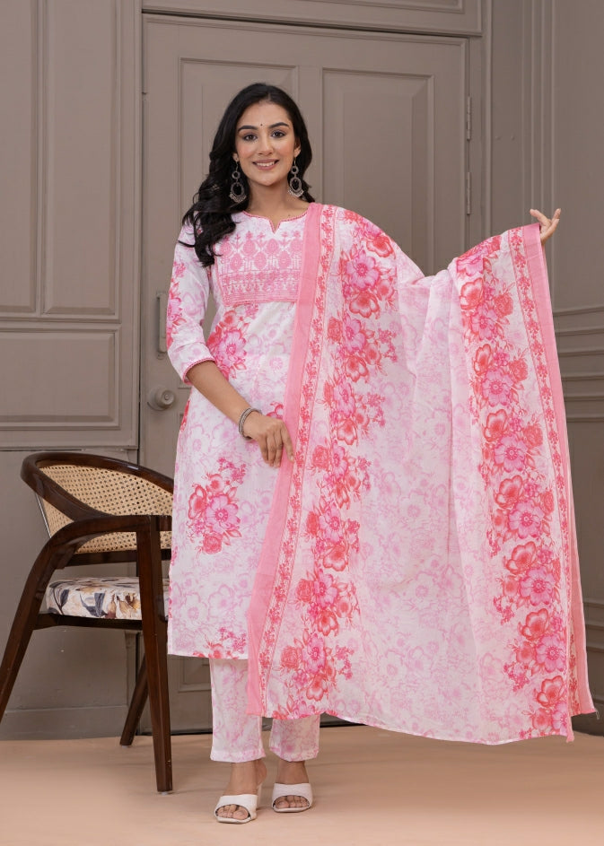Lightweight Pure Cotton Printed Suit Set with Straight Kurta, Coordinated Bottom & Flowing Dupatta