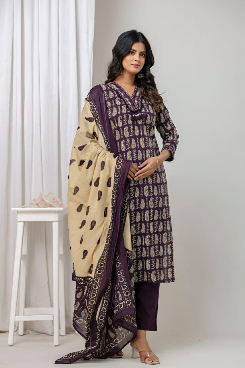 Cotton Three-Piece Suit Set  with Traditional Block-Style Prints & Cream Border Dupatta