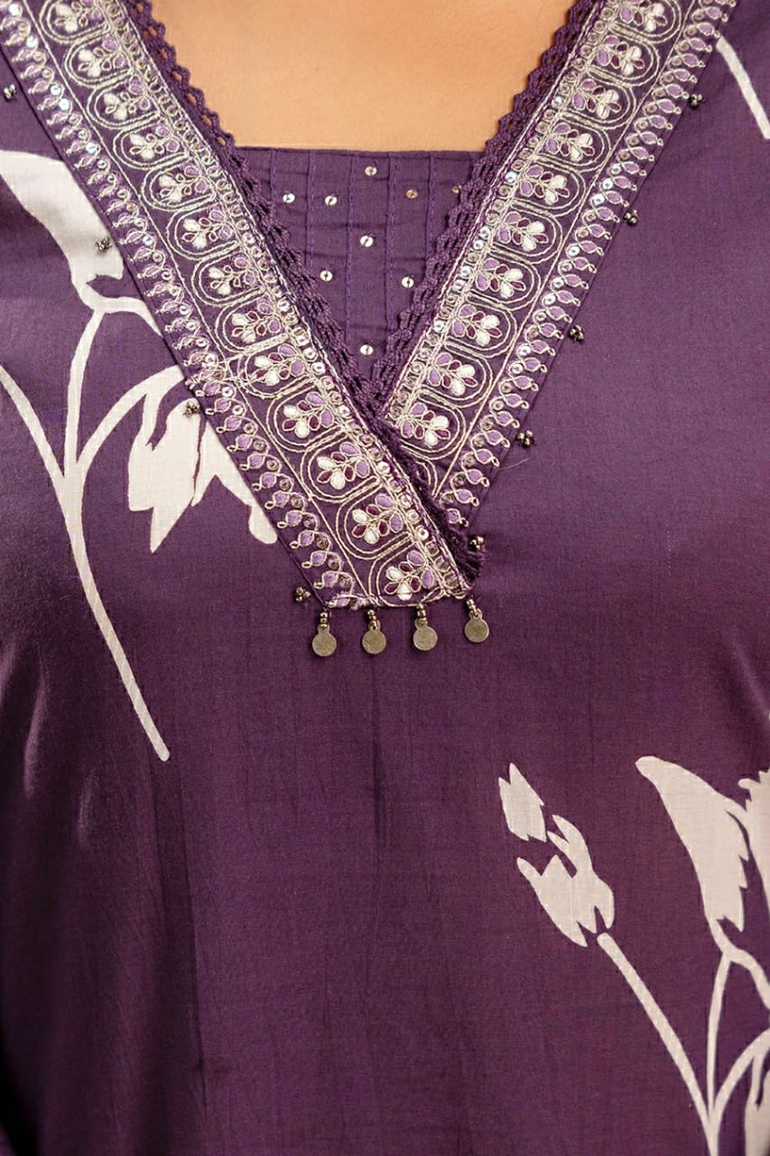 Trendy Botanical Print Three-Piece Suit Set with Elegant Neck Work & Matching Dupatta And Bottom