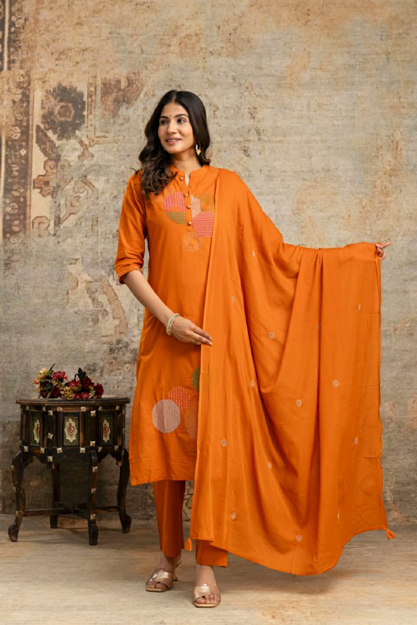 Elegant Cotton Suit Set with Multi-Coloured Circle Embroidery & Matching Dupatta and Bottom