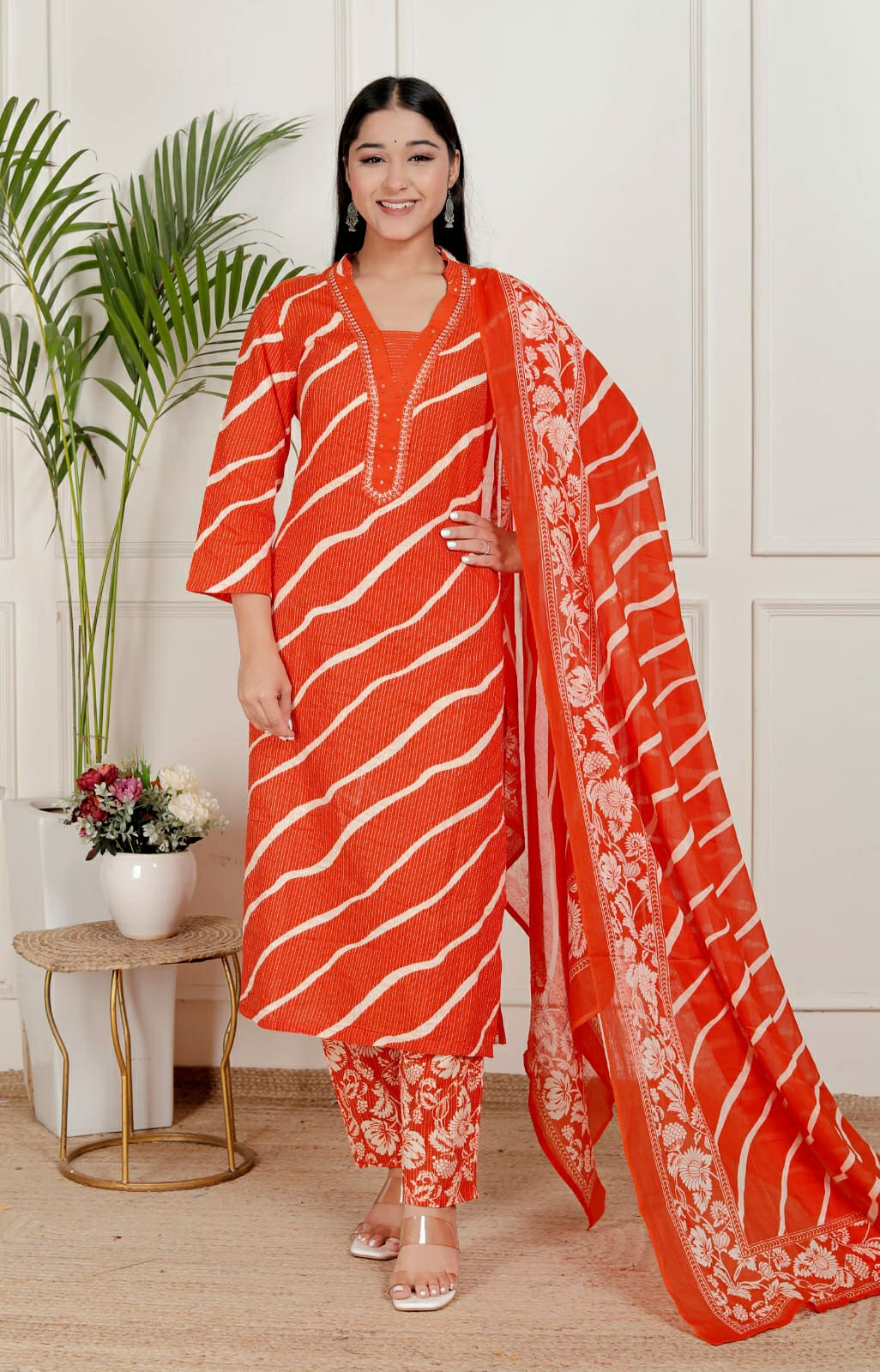 Lehriya Printex Cotton Bright Stripe Kurta Set with Floral Pant and Printed Border Dupatta
