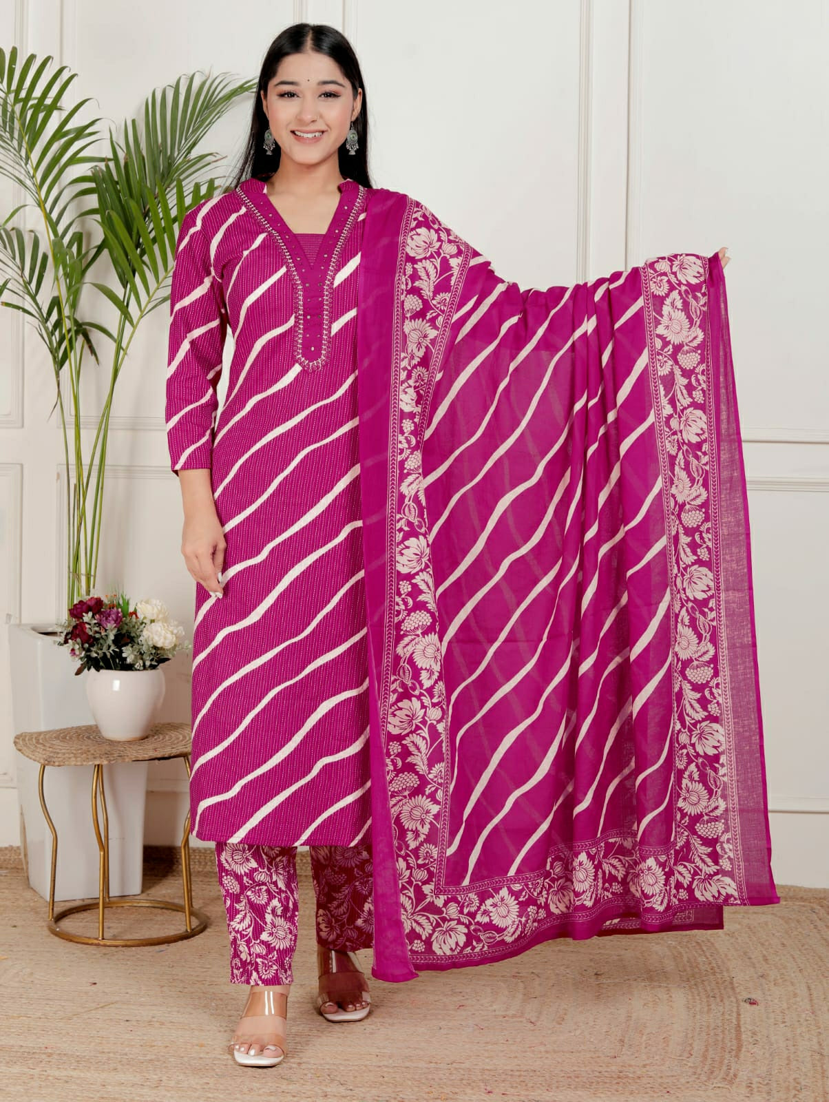 Lehriya Printex Cotton Bright Stripe Kurta Set with Floral Pant and Printed Border Dupatta