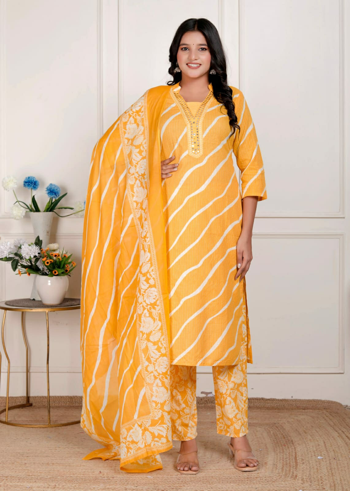Lehriya Printex Cotton Bright Stripe Kurta Set with Floral Pant and Printed Border Dupatta