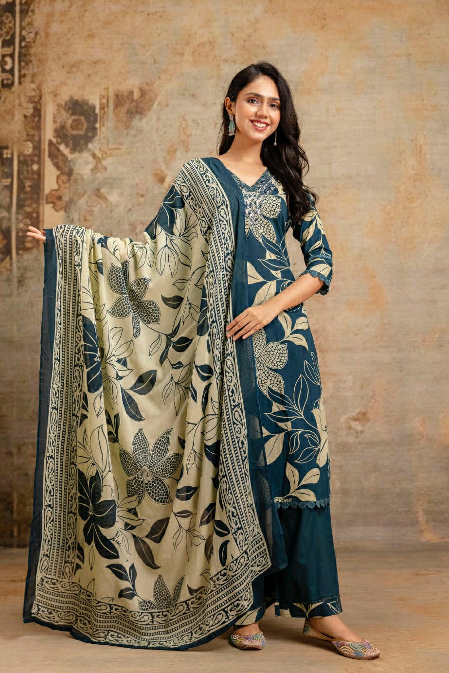 Cotton Bold Floral Print Ethnic Suit Set with Coordinated Bottom & Lightweight Dupatta