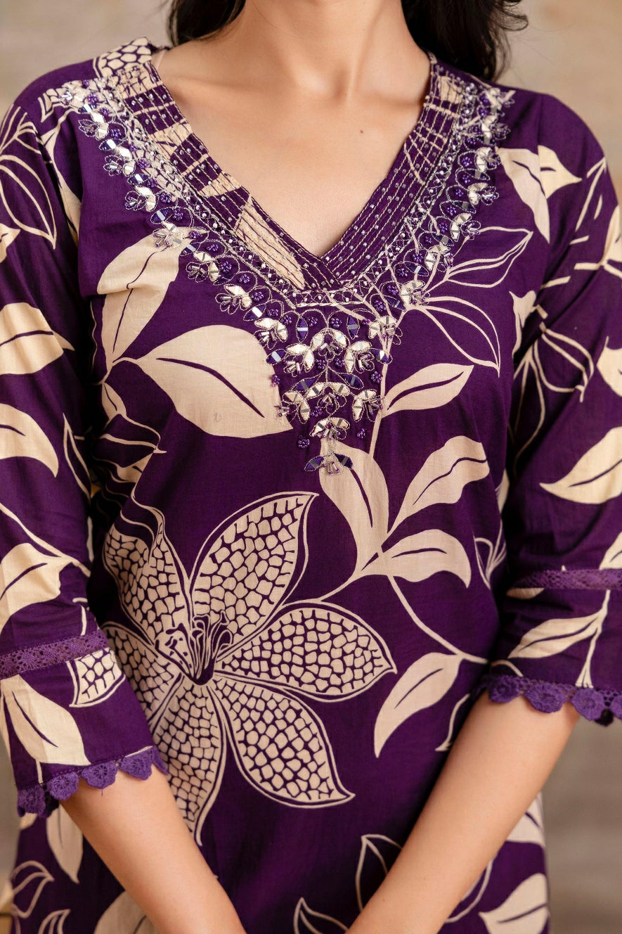 Cotton Bold Floral Print Ethnic Suit Set with Coordinated Bottom & Lightweight Dupatta