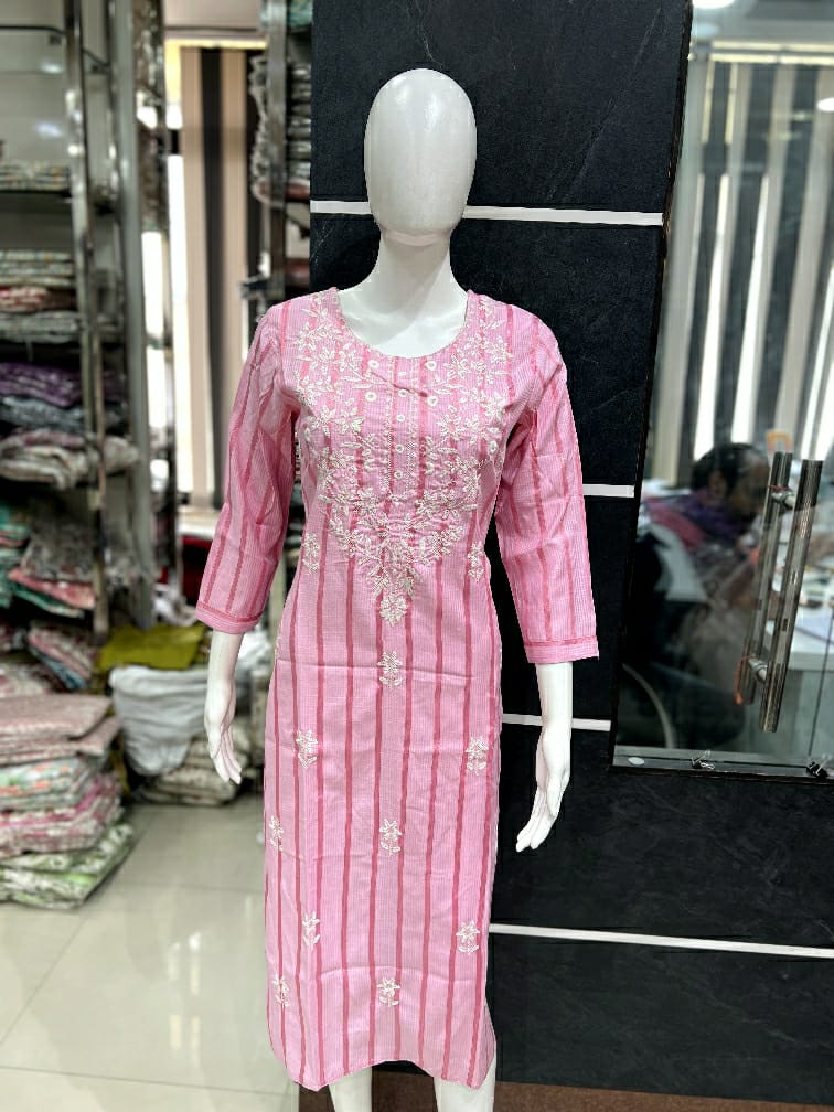 Daily Wear Comfort Fit Elegant Striped Cotton Kurti with Intricate Thread Embroidery