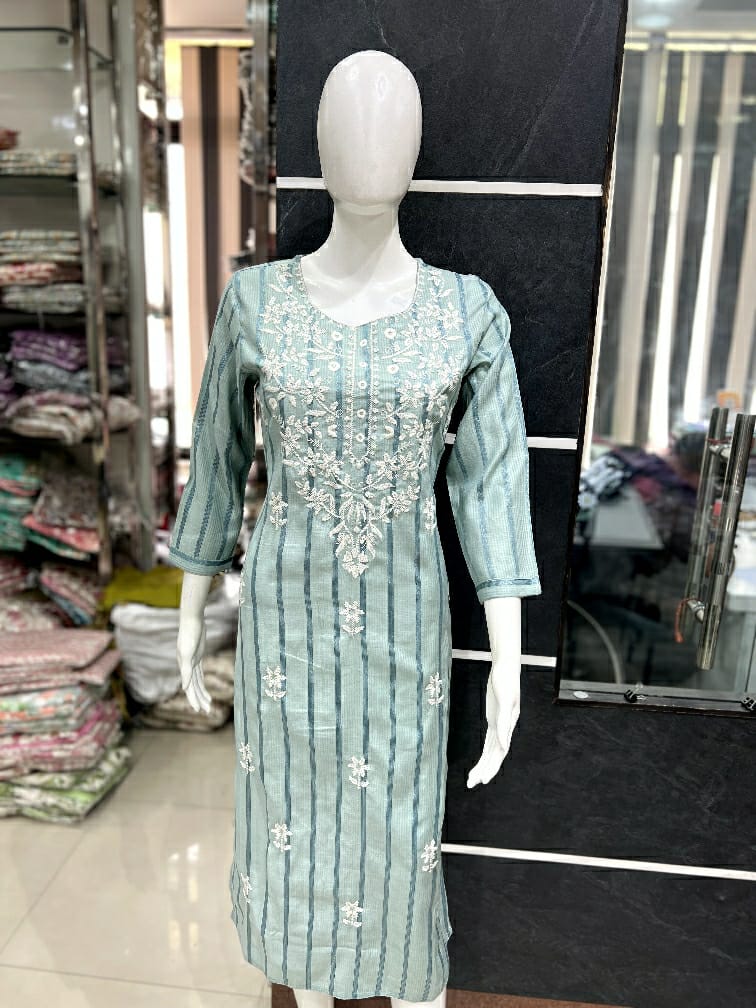 Daily Wear Comfort Fit Elegant Striped Cotton Kurti with Intricate Thread Embroidery