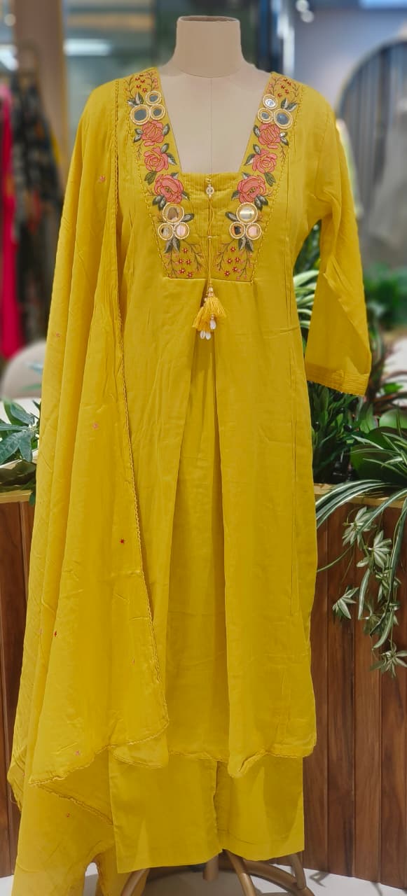 Real Mirror Floral Embroidery Tasseled Yoke A-Line Full Suit Set With Dupatta In Mul Cotton Fabric- 12935