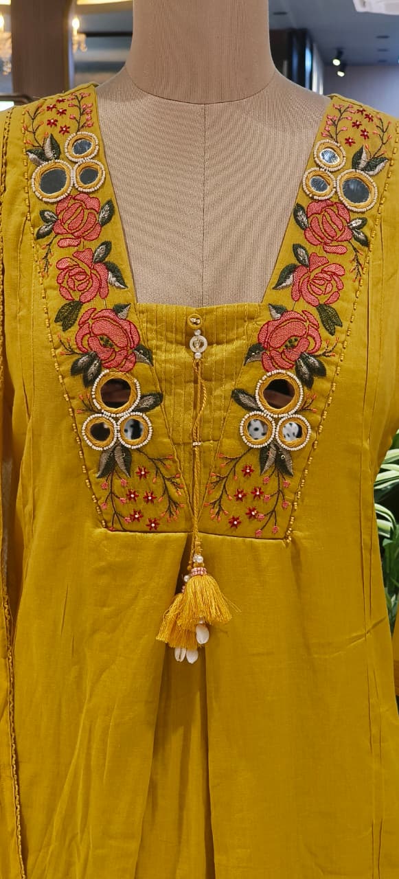 Real Mirror Floral Embroidery Tasseled Yoke A-Line Full Suit Set With Dupatta In Mul Cotton Fabric- 12935